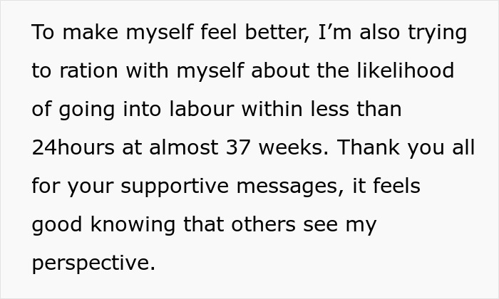 Text about mom-to-be contemplating labor likelihood, near 37 weeks, and expressing gratitude for supportive messages.