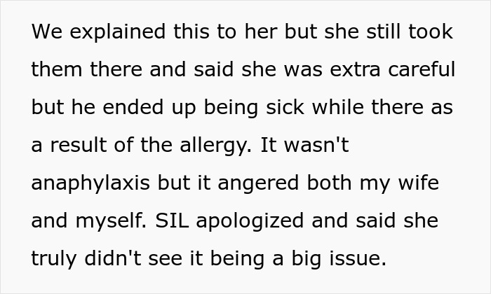 Text image discussing ongoing issues with SIL disregarding a child's allergies, leading to his sickness and parental frustration.