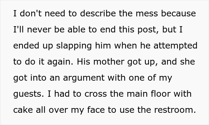 Text showing a chaotic birthday scene with a cake, argument, and a messy aftermath.