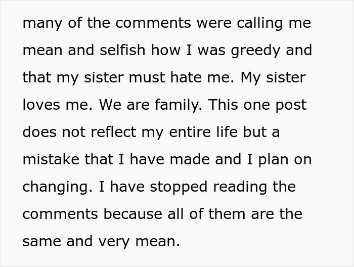 Text excerpt discussing family, sister, and reaction to changing tradition in a personal story about shutting down conflict. Text excerpt discussing family, sister, and reaction to changing tradition in a personal story about shutting down conflict.