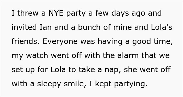 Text describing a New Year's Eve party with friends, involving girlfriend Lola taking a nap.