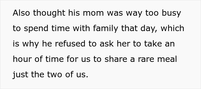 Text explaining a situation where a man prioritizes his mom over his wife's anniversary plans.