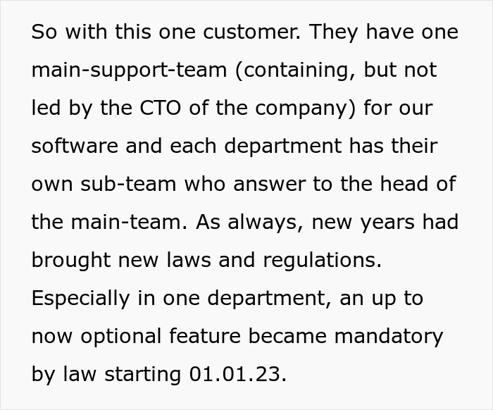 Text excerpt about a client's main-support-team and new mandatory software features.