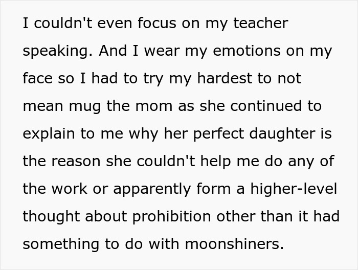Text block about a mom explaining her 3-year-old's impact on college work and focus issues.