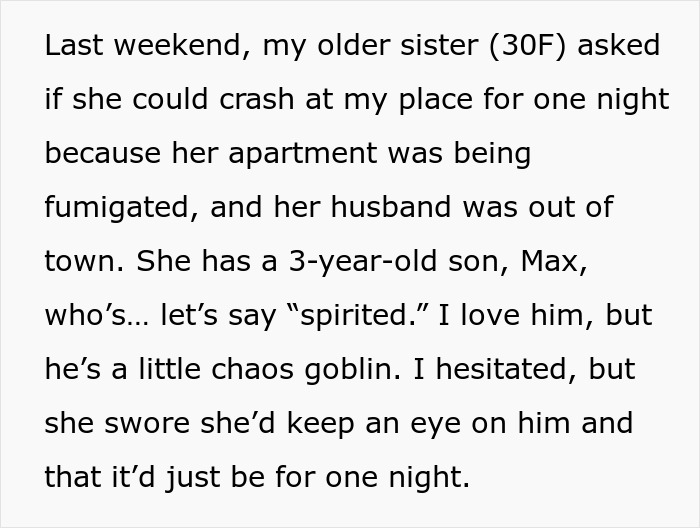 Text about a woman hosting her sister and nephew, leading to damages and family drama.
