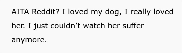 Text from a Reddit post about a woman ending her dying dog's suffering, expressing her love and distress.