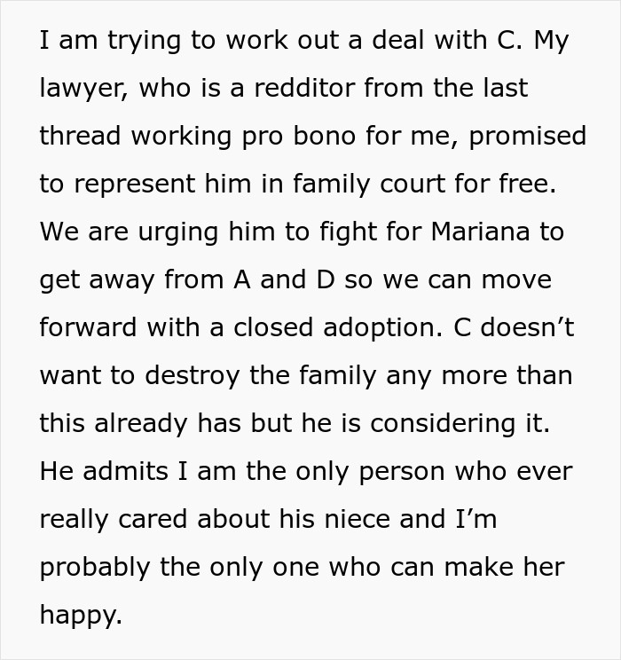 Text discussing a legal deal for Mariana's adoption involving friends and family court representation.