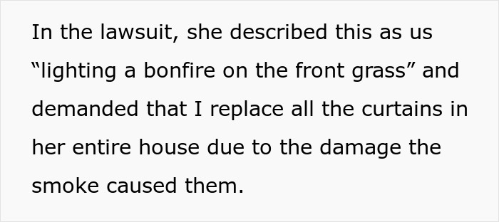 Text image showing lawsuit complaint about a bonfire on front grass, blaming smoke damage to curtains. Text image showing lawsuit complaint about a bonfire on front grass, blaming smoke damage to curtains.