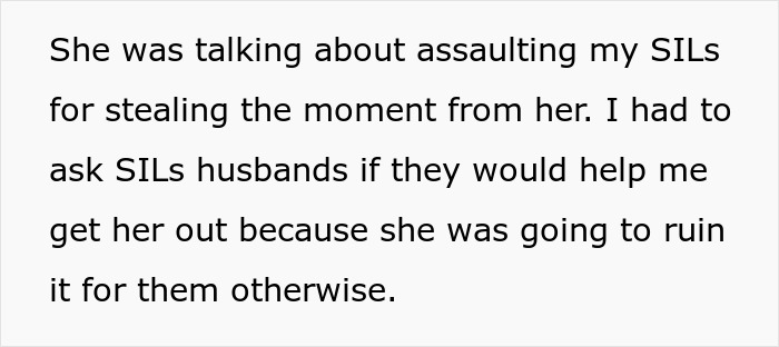 Text about being upset over a wedding moment stolen by sisters-in-law, causing family conflict and tension.