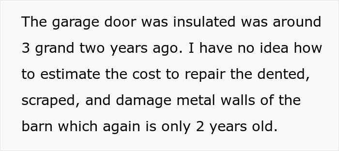 Text about repairing damage to a garage and barn following a storm, assessing costs and restoration challenges.