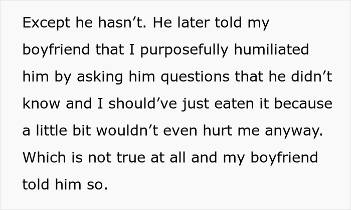 Text from a story about a friend upset over a gluten-free meal rejection.