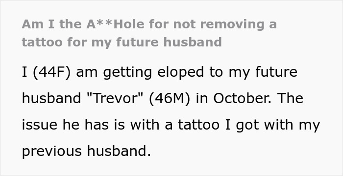 Text discussing a conflict with a future husband over a tattoo from a late husband.