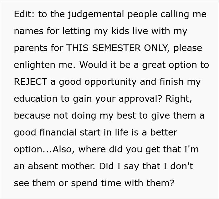 Text post about a woman defending her decision to live apart from her kids temporarily for education.