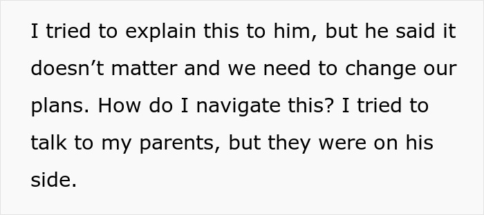 Text discussing sibling clash over wedding and honeymoon plans, with parents siding with brother to cut costs. Text discussing sibling clash over wedding and honeymoon plans, with parents siding with brother to cut costs.