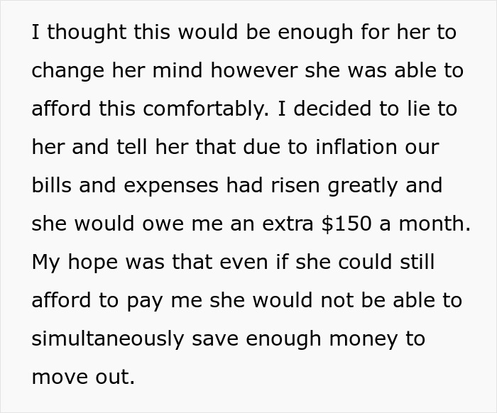 Text discussing stepdaughter overcharged rent for chores, mentioning inflation and increased expenses.