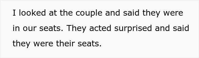Text conversation about a couple taking first-class seats, expressing surprise when confronted. Text conversation about a couple taking first-class seats, expressing surprise when confronted.