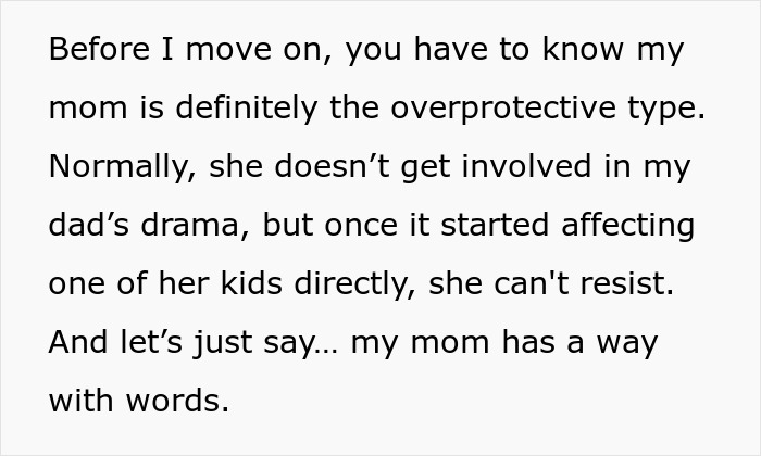 Text describing a mom's protective nature and involvement in family drama to defend her kids.