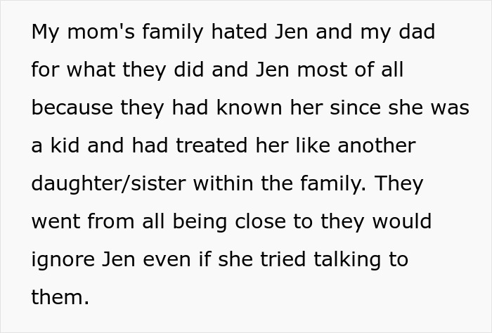 Text about family resentment towards Jen due to her affair's impact on relationships.
