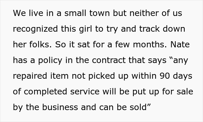 Policy text explains selling a laptop not picked up for 9 months.