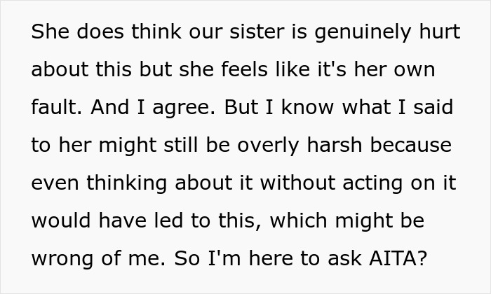 Text message discussing sister's feelings and asking if the writer is at fault in a family disagreement about an ex. Text message discussing sister's feelings and asking if the writer is at fault in a family disagreement about an ex.