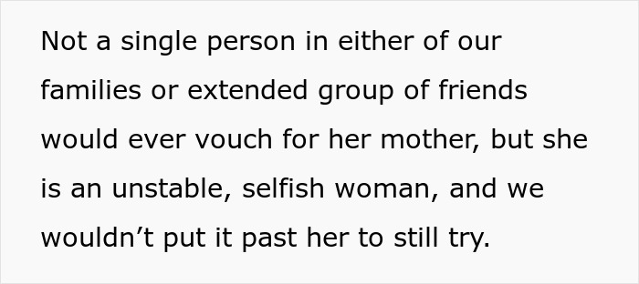 Text describing neglectful MIL as unstable and selfish, expressing distrust from family and friends. Text describing neglectful MIL as unstable and selfish, expressing distrust from family and friends.