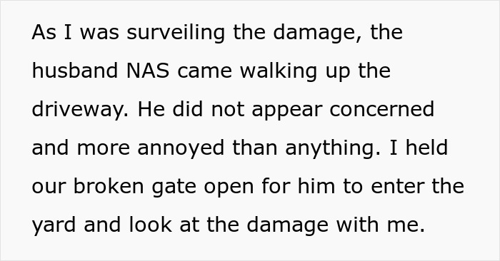 Text discussing neighbor surveying damage after a storm caused a trampoline to fly into their yard.