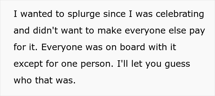 Text about splitting the bill fairly after splurging at a celebration dinner, highlighting a notorious friend.