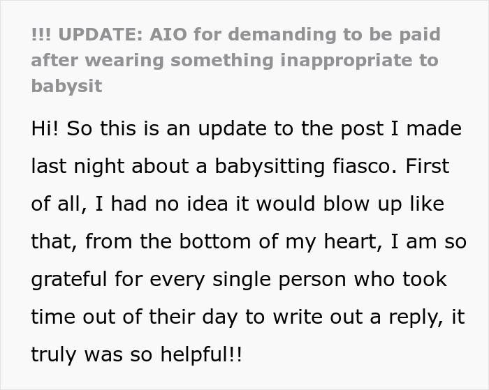 Text update on babysitting payment issue after wearing a tank top, addressing reactions and gratitude for support. Text update on babysitting payment issue after wearing a tank top, addressing reactions and gratitude for support.