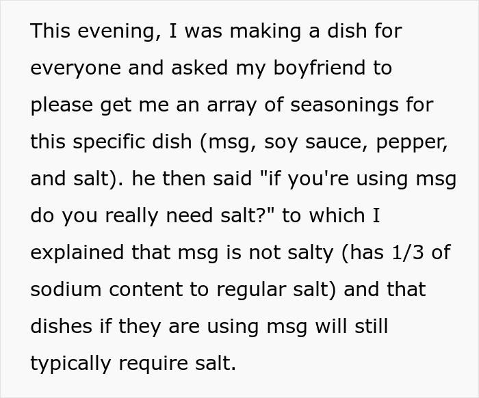 Text about a woman cooking on vacation, clarifying the use of MSG and salt to her boyfriend.
