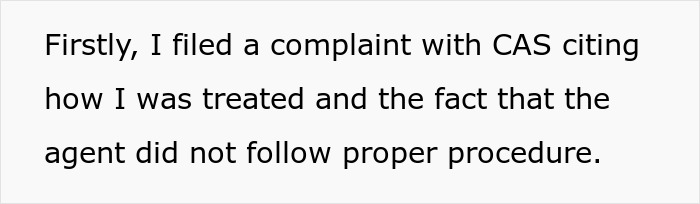 Text detailing a complaint to CAS for procedural issues, related to a woman disappearing after asking a friend to babysit.