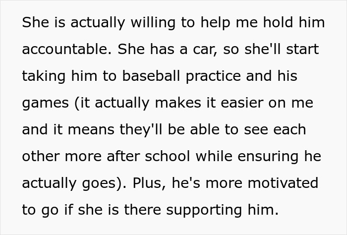 Text discussing a father managing his son's accountability with help from his girlfriend.