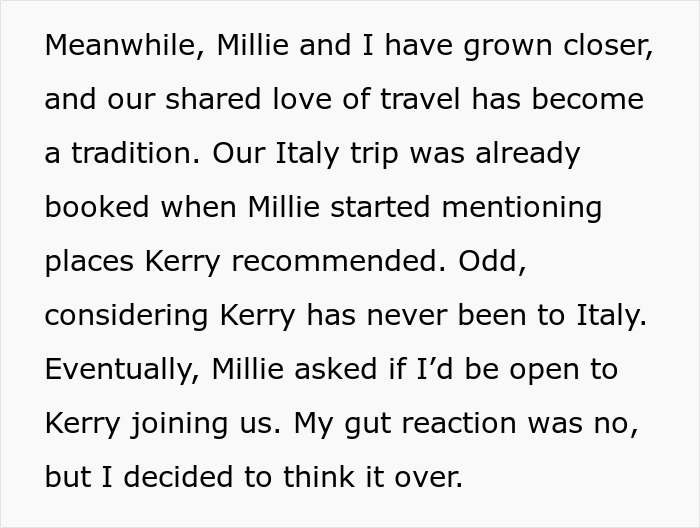 Text on image discussing an Italy trip and family dynamics, related to a wedding invitation and payment request.