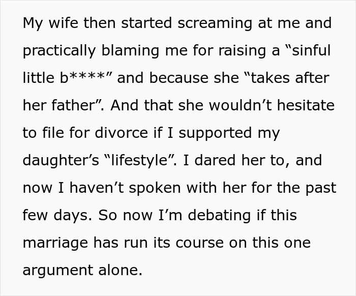 Alt text: Man shares story of wife threatening divorce after he defends bi daughter’s lifestyle causing family conflict. Alt text: Man shares story of wife threatening divorce after he defends bi daughter’s lifestyle causing family conflict.