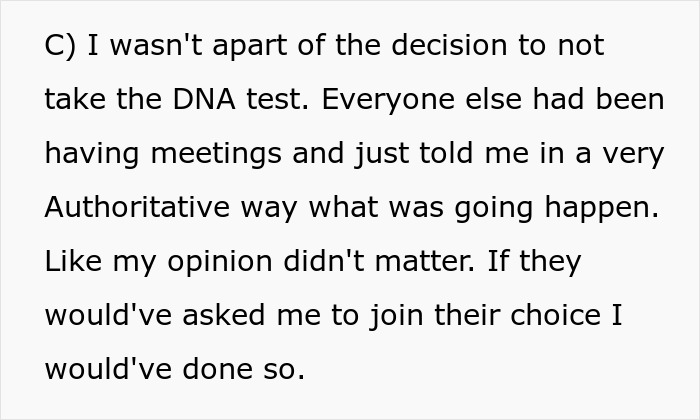 Text screenshot expressing feeling left out of DNA test decision. Text screenshot expressing feeling left out of DNA test decision.