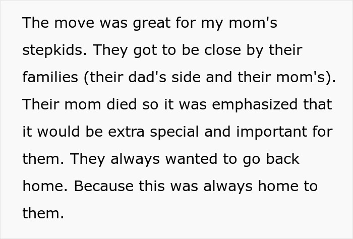 Text about a move being beneficial for stepdad's kids but unwanted by the teen. Text about a move being beneficial for stepdad's kids but unwanted by the teen.
