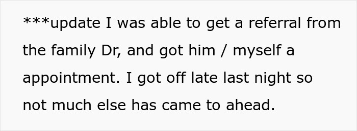 Text update about getting a referral and appointment, mentioning limited progress after late night work.