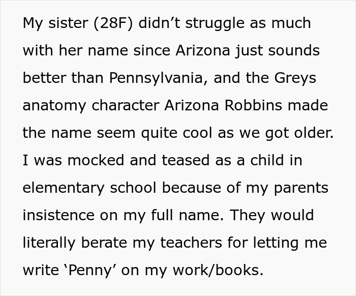 Text describing name struggles, teasing in school, and parents' insistence on using a full name.