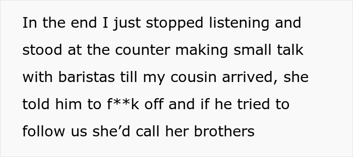 Text exchange about a breakup, woman stands by counter with baristas before cousin arrives to confront ex.