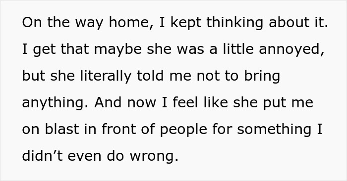 Text from a friend reflecting on not bringing anything to a potluck after being told not to.