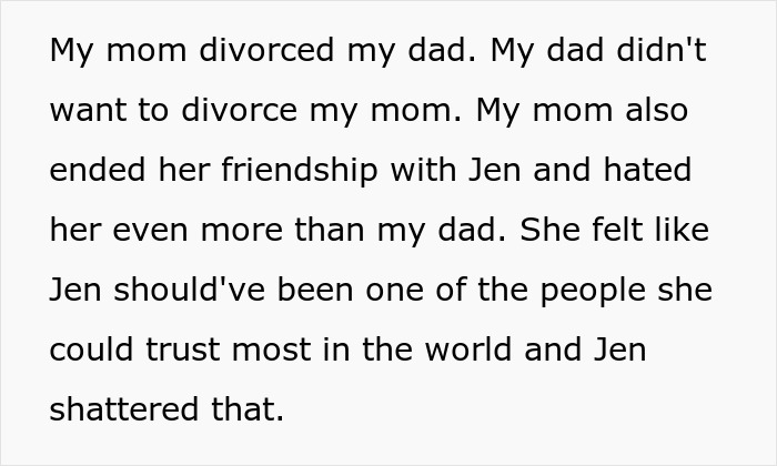 Text about mom and dad's divorce, focusing on a ruined friendship involving betrayal and loss of trust.