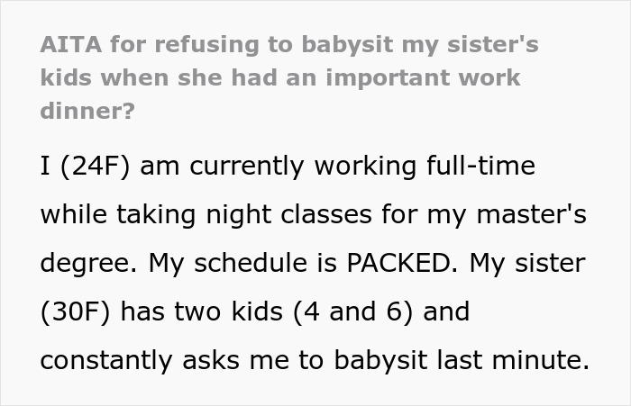 Text excerpt discussing a packed schedule and being asked last minute to babysit sister's kids during a work dinner.