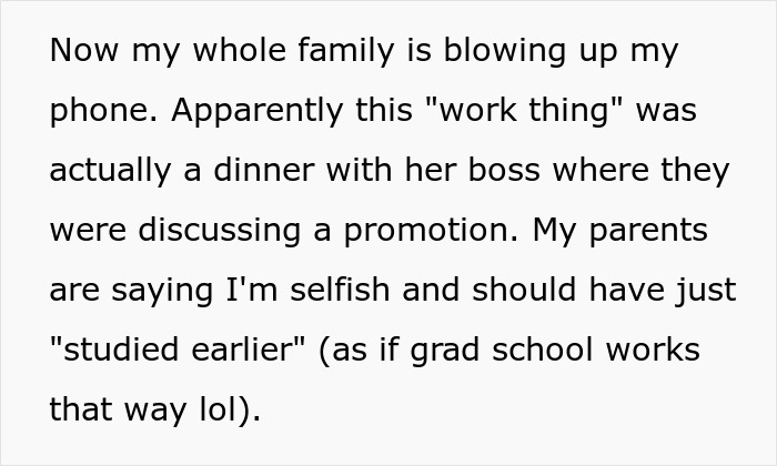 Text excerpt describing family conflict over babysitting sister&rsquo;s kids while she attended a work dinner.