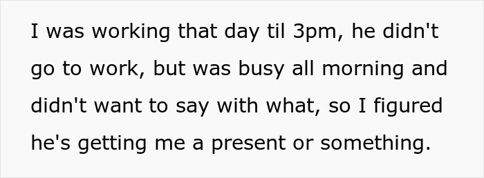 Text excerpt about a man being busy while his wife works, implying a surprise.