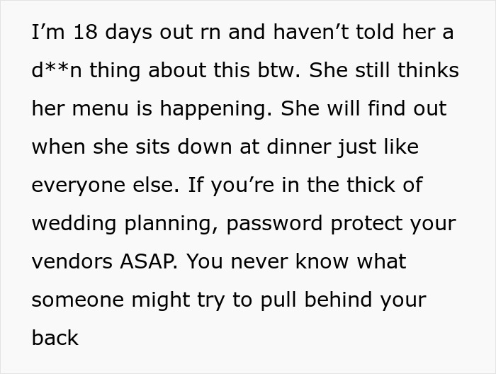 Text advising to password protect everything during wedding planning to prevent surprises, like a meddling MIL changing the menu.