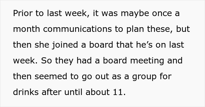 Text excerpt about husband&rsquo;s late-night drinks with coworker revealing the truth a wife learns after the event.