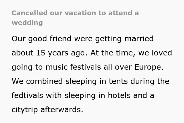 Text about a couple canceling vacation for a friend's wedding, highlighting exclusion from the ceremony. Text about a couple canceling vacation for a friend's wedding, highlighting exclusion from the ceremony.