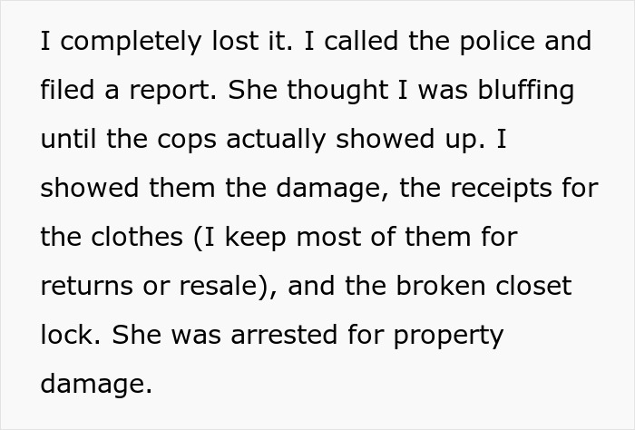 Text recounting an arrest related to destroyed clothes and property damage, leading to police involvement.