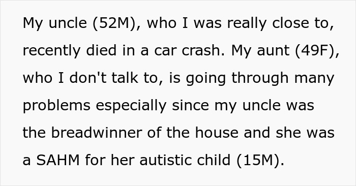 Text discussing an uncle's death and challenges faced by an aunt caring for her autistic son.