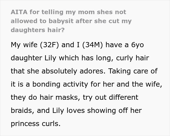 Text discussing a grandmother cutting a 6-year-old's hair without permission, leading to babysitting ban.