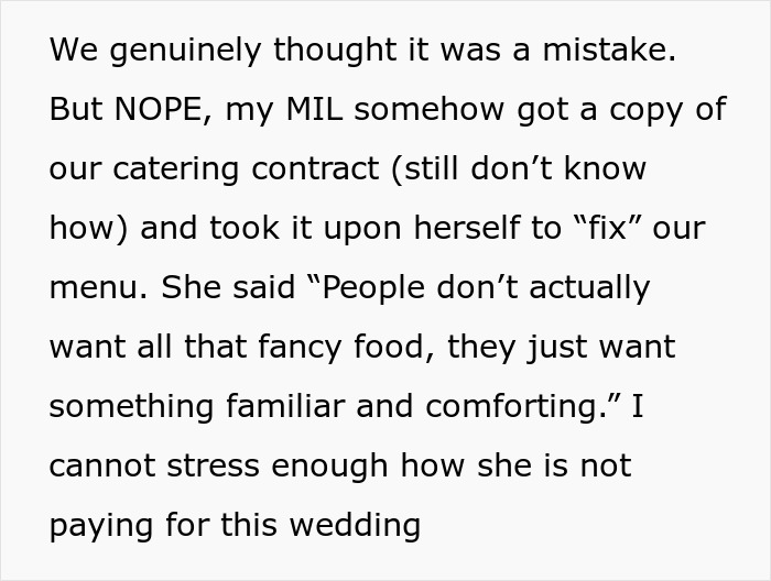 Text about a couple dealing with MIL altering their wedding menu; emphasizes importance of password protection.